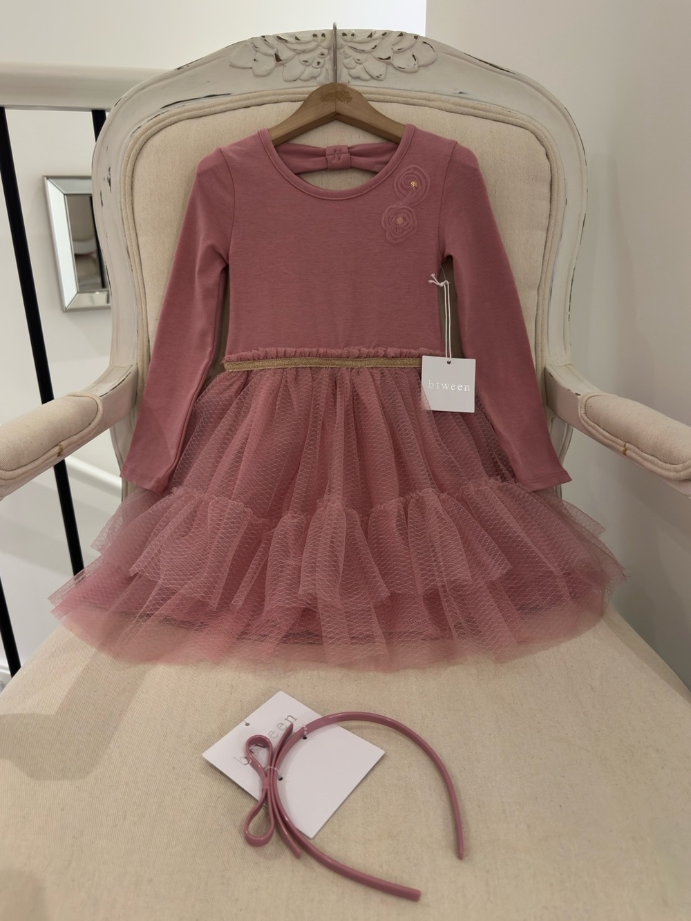 🦢 4T Girls Dusty Rose Tulle Tiered Party Fairy Fancy Dress with Gold Waist NWT